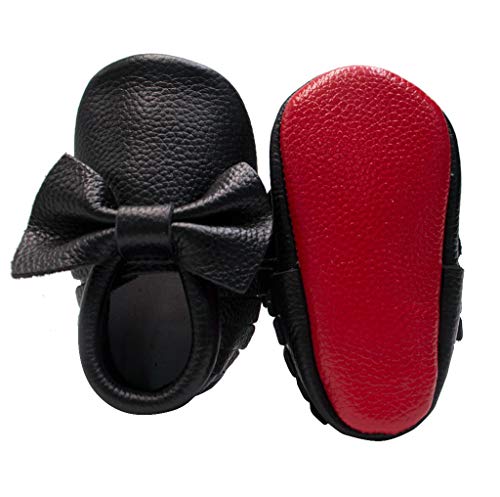 Bebila Genuine Leather Baby Moccasins - Floral Print Slippers for Girls Bowknot Fringe Baby Shoes with Soft Sole for Infant/Toddler/First-Walker (12-18Months/6.5M US Toddler/13.5cm, Black)