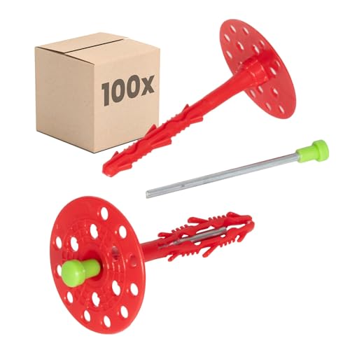 PROTEKTOR Chevilles d'isolation (cheville ITE) 100 pièces Ø8x100mm avec clou en acier pour façade extérieure, polystyrène, l'isolation de façade, cheville à frapper certifiée ETA Chevilles à disque