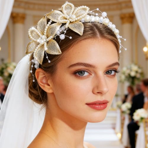 CAKURE Flower Headbands Pearl Bridal Headpiece Bride Wedding Hair Accessories for Women