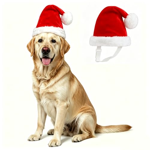 Dog Santa Hat,Adjustable Dog Christmas Hat with Elastic Strap & Pompom(L)