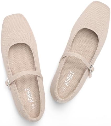 ATHMILE Square Toe Ballet Flats Mary Janes Shoes Women with Padded Heel ...