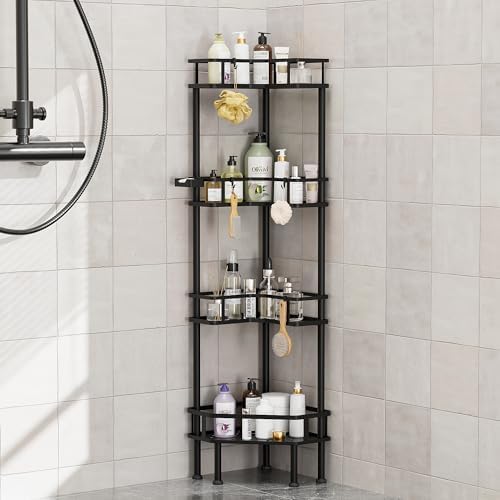 FJNATINH Corner Shower Caddy - 4-Tier Bathroom Organizer with Adjustable Feet, Heavy Duty Shower Shelf for Shampoo, Soap, Towels - Easy Install, No Drilling Required 4 Tier Black