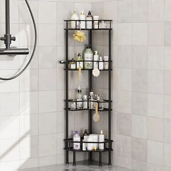 FJNATINH Corner Shower Caddy - 4-Tier Bathroom Organizer with Adjustable Feet, Heavy Duty Shower Shelf for Shampoo, Soap, Towels - Easy Install, No Drilling Required