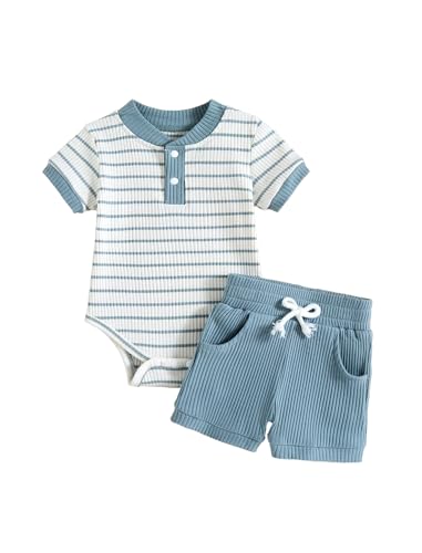 Baby Boy Outfits Ribbed Short Sleeve Striped Romper Top Solid Shorts with Pocket Baby Boy Summer Clothes 0-18M