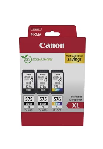 Canon PG-575XL x 2 / CL-576XL High Yield Genuine Ink Cartridges, Pack of 3 (2 x Black, 1 x Colour) - Security Cardboard Multipack