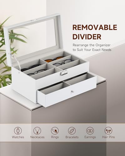 Image of CO-Z Sunglasses Organizer with 12 Slots, Leather Eyeglasses Storage Box for Women Men, 2 Story Lockable Display Case for Multiple Glasses, Sunglasses Jewelry Collection Holder with Drawer, White