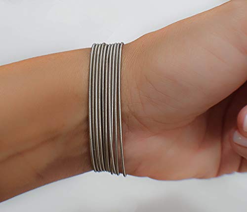 Moonlidesigns Guitar String Spring Stainless Steel Set Of 10 Bracelets Silver Grey Color Thin Stackable Layered Flexible Length 7 Inch #TOP5
