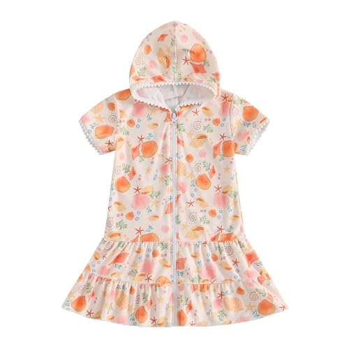 Image of Girls Hooded Terry Coverups Zip Up One Piece Swimsuits Sea Animals Print Short Sleeve Ruffle Swim Cover Up Swimwear (Orange Shell, 5-6 Years)