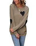 Picture of shermie Women's Cute Heart Sweaters Long Sleeve Crewneck Elbow Patchwork Loose Casual Lightweight Pullover Khaki Large