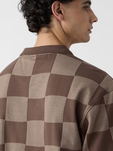 Image of The Souled Store Jacquard: Old School Brown Men and Boys Short Sleeves Collared Neck Cotton Oversized Polos