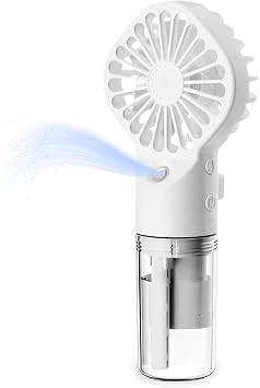 Handheld Misting Fan - Portable Fan with Mist Spray - USB-C Rechargeable Battery Powered Mini Fan - 4 Adjustable Speeds & Personal Travel Cooling Fan - 4-24 Working Hours - White