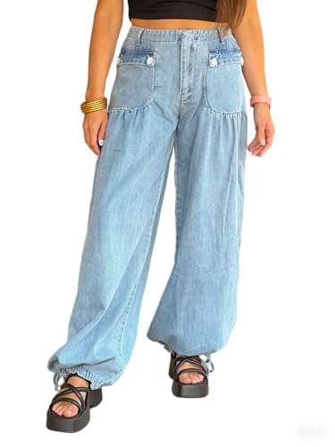 Women's Wide Leg Barrel Jeans Mid Rise Baggy Flared Boyfriend Y2k Elastic Buttoned Cargo Denim Palazzo Pants Lantern Jeans