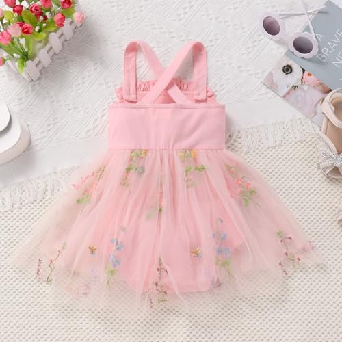 IMEKIS Baby Girls 1st Birthday Outfit Embroidered Floral Tulle Boho Romper Dress Headband Cake Smash Photo Shoot3