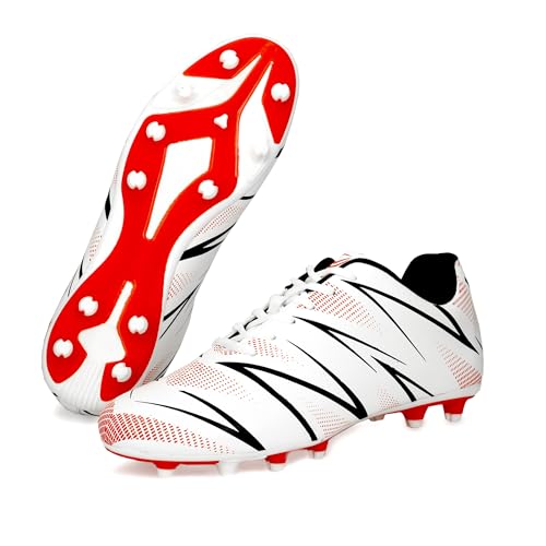 Image of PRO KVH Men's Football Stud Shoes - White-Red | Lightweight Soccer Cleats for Men | Synthetic Upper, TPU Sole | Durable Grip Sports Shoes for Football