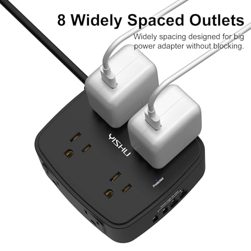 Image of 5Ft Surge Protector Power Strip - 8 Widely Outlets with 4 USB Ports, 3 Side Outlet Extender with 5 Feet Extension Cord, Flat Plug, Wall Mount, Desk USB Charging Station, ETL,Black