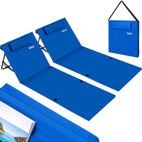 BAKAJI Juego de 2 tumbonas de playa, esterilla de playa plegable, impermeable y ajustable hasta 5 posiciones, cierre con bolsa de transporte, soporte para asiento trasero acolchado (azul)