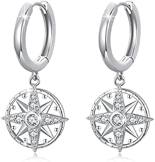 Compass Earrings for Men 925 Sterling Silver Compass Hoop Earrings for Women Viking Earrings Hanging Small Hoop Viking Jewellery Valentines Gift for Girls Children