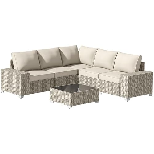 Wide- Armrest Outdoor Patio sectional Furniture Set, 6-Piece All Weather Rattan Patio Conversation Sets with 4.3''Thicker Cushions & Tempered Glass Table