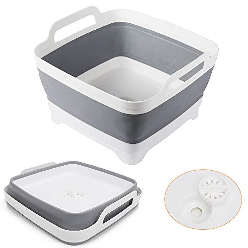 Image of Yummy Sam Collapsible Dish Basin 9L(2.4Gallon) with Draining Plug Foldable Food Strainers Over The Sink Colander Fruits Drainer Basket Vegetable Space Saving Kitchen Storage Basket (Grey)