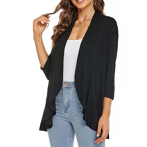 Image of Womens Lightweight Cardigan Open Front Cardigans Soft Draped Ruffles 3 /4 Sleeve Cardigan (S-3XL)