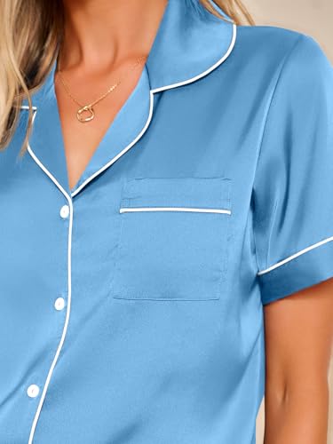 Image of LILLUSORY Silk Satin Pajama Set for Women 2 Piece Lounge Pjs Winter Matching Summer Sleepwear Button Down Shirt Shorts