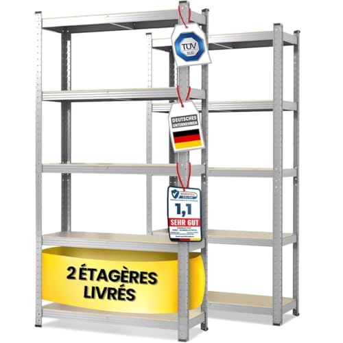 KARAT Étagères pour Charges Lourdes - Étagères Enfichables avec 5 tablettes réglables – Rayonnages en métal Idéal pour Cave Garage Entrepôt - Lot de 2, modèle Lakota (Argent, 200 x 100 x 50 cm)