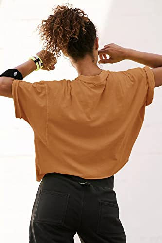 Image of HUGOOME Womens Oversized Workout Crop Top Casual Short Sleeve Boxy Roll Hem | Basic Half Split Sleeve Drop Shoulder Loose Yoga Running Gym Tee Cropped T-shirt Solid Trendy Relaxed Daily Tee