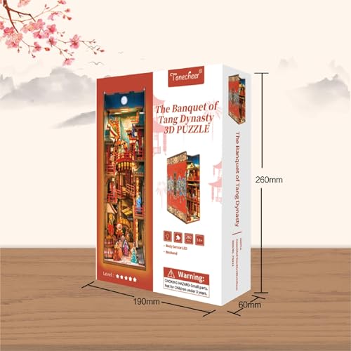 Image of Tonecheer DIY Book Nook Kit for Adults, 3D Wooden Puzzle Bookend Bookshelf Insert Decor, Chinese Booknook Miniature House Kit with Body Motion Sensor LED Light (The Banquet of Tang Dynasty)