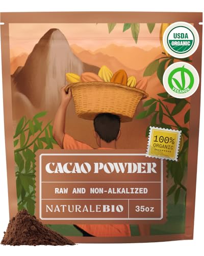 NaturaleBio Cacao Powder Organic 35oz. Unsweetened, Non-Alkalized and Pure. Cocoa Powder Substitute with Rich Dark Chocolate Flavor. Non-GMO, Gluten Free, Tested for Heavy Metals. From Raw Cacao Beans