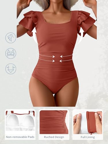 Image of Eomenie Women's Tummy Control One Piece Swimsuit Ruffle Square Neck Bathing Suit Ruched Cutout Back Slimming Swimwear
