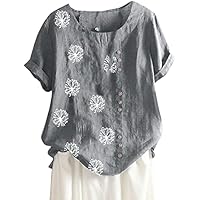2023 Camiseta de Manga Corta Mujer, Moda Verano Impresión Lino de algodón Blusa Camisa Cuello Redondo Camiseta Suelto Tops Fiesta Casual T-Shirt Original cómodo tee Elegante Jersey Talla Grande