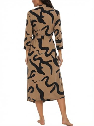 Image of VINTATRE Robes for Women Long Knit Bathrobe XS-4XL | 3 /4 Sleeve Bathrobes with Pockets, Stretchy and Lightweight Fabric, Inner Tie and Fixed Outer Matching Belt, Mid Calf Length