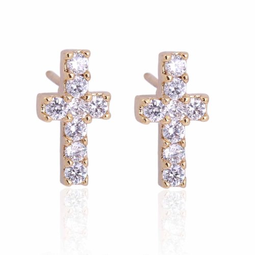 Vktech 18K Gold Plated Classical Style Cross Filled Full Rhinestone Stud Earrings