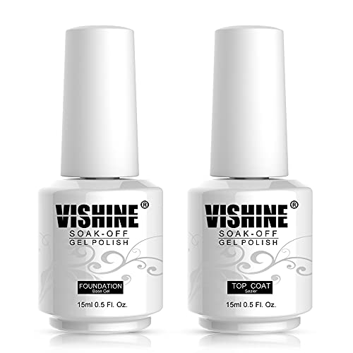 Vishine 2Pcs 0.5Oz Gel Top Coat and Base Coat for Gel Nail Polish Color No Wipe Top Coat Brilliant Ultra High Gloss Long-lasting Anti-Wear Soak off UV Gel Home Manicure Nail Salon