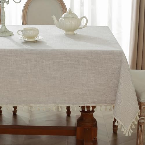 Alsoo Table Cloth Rectangle Table Linen Look Texture Cotton Tablecloth Waterproof Wrinkle Free Heavy Duty Tables Cover with Tassel for Kitchen Dining Holiday Party, Light Brown, 55
