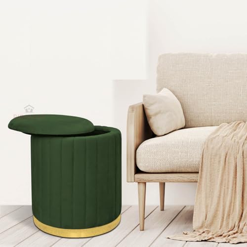 Image of Round Velvet Luxurious Storage Ottoman, Pouf with Storage Vanity Stool Chair,Upholstered Foot Rest Stool with Gold Strip Base for Living Room or Bedroom (Green., Large-40Dx40Wx46H)