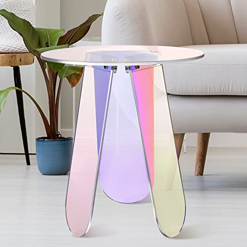 Acrylic Round Clear Iridescent Side Table Rainbow Acrylic Coffee Table Rainbow Colors End Tables Modern Accent Night Stand Iridescent Table For Bistro Office (Iridescent Style, 17.8 X 17.8 X 4.3 Inch) #TOP26