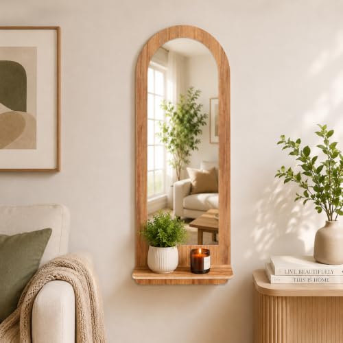 Image of Creative Arts n Frames 15x39 inch Wall Mount HD Framed Mirror with Shelf for Bathroom Bedroom Living Room Home Office Decor Items (Natural Iqurel Oak Light Mirror with Shelf Arch)
