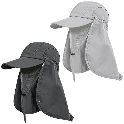 2Pack Men s Foldable Sun Hat with Removable Face Mask & Neck Flap UPF 50+ UV Protection Quick-Drying Outdoor Fishing Cap (US Alpha One Size Dark Grey+Light Grey)