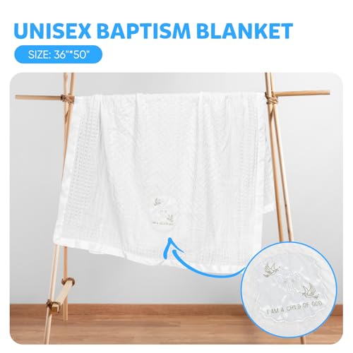 Image of Baptism Christening Gifts for Girls Boys White Baby Blanket Embroidered Shawl Towel Newborn Neutral Baptismal Gifts
