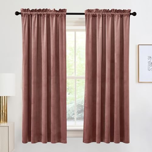 Image of RYB HOME Velvet Curtains 63 inches Long, Rod Pocket Soft Fabric Curtains & Drapes for Bedroom Cafe, Wild Rose, W 42 x L 63, 2 Panels Set | Thermal Insulated, Privacy, Sunlight UV Heat Blocking, Laundry Office, Wild Rose, W42 x L63, 2 Panels Set