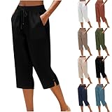 RLEHJN Pantalon 3/4 en Lin Femme Été Pantacourt Femme Coton Lin Chic Pantalon Detente Taille Elastique Pantalons De Jogging À Cordon Serrage Pantacourt Confortable Couleur Unie Pants De Plage Léger