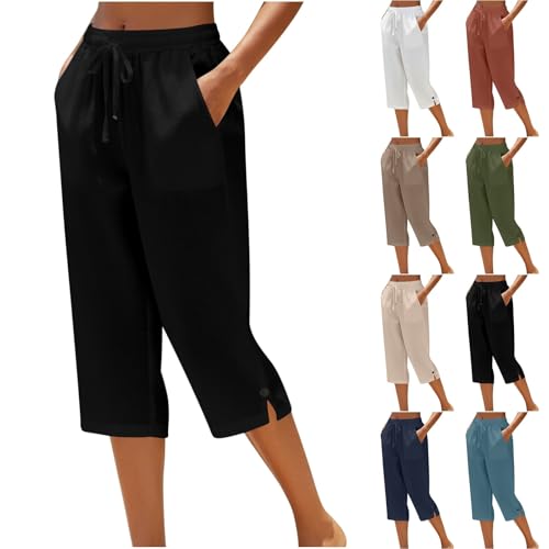 Capris Pants for Women Casual Straight Wide Leg Loose Drawstring Cotton Cropped Pant Summer Linen Capri Black