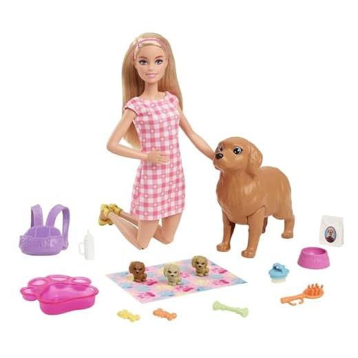 Barbie Perritos recién Nacidos Muñeca Rubia con Perrito y Accesorios de Juguete, Regalo para niñas y niños +3 años (Mattel HCK75)