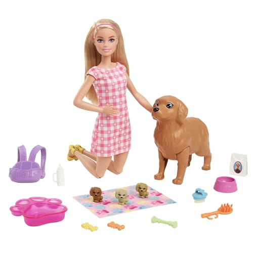 Barbie Cães recém-nascidos boneca loira com cãozinho e acessórios de brinquedo, presente para meninas e meninos +3 anos (Mattel HCK75)