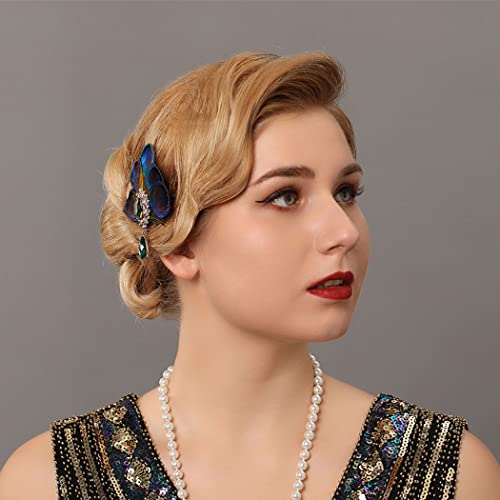 Fashey 1920S Flapper Hair Clips Peacock Feather Hair Clips 20S Great Gatsby Hair Pin Green Rhinestone Feather Headpiece Hair Accessories For Women And Girls #TOP4