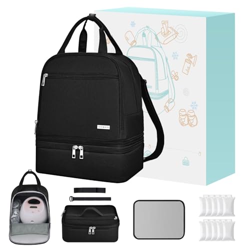 Image of Breast Pump Bag with Insulated Cooler, Double-Layer Pumping Bag for Work & Travel, Fits Most Electric Breast Pumps, Includes 10 Ice Packs & Waterproof Mat, Detachable Bottle Cooler Tote, Black