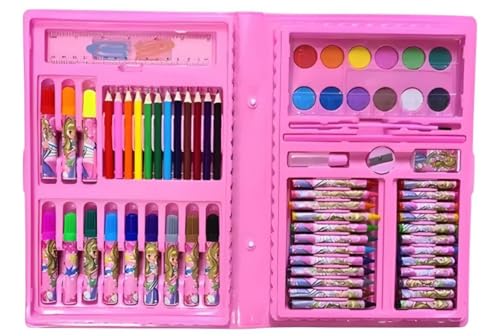 Estojo Maleta Infantil com 68 Peças, Kit de Arte com Canetinhas, Lápis de Cor, Giz de Cera, Aquarela, 24 Cores, Rosa