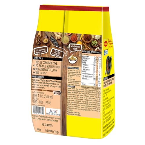 MAGGI 2-Minute Vegetarian Special Masala, Instant Noodles, Pack of 12, 840g