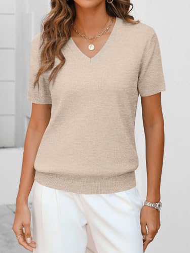 Image of ANRABESS Women Wool Blend Sweater Summer 2026 Short Sleeve V Neck Pullover Top Business Casual Outfit Beach Vacation Clothes
